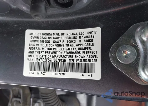 2017 Honda Civic Lx из США, поврежденный, VIN 19XFC2F57HE079136